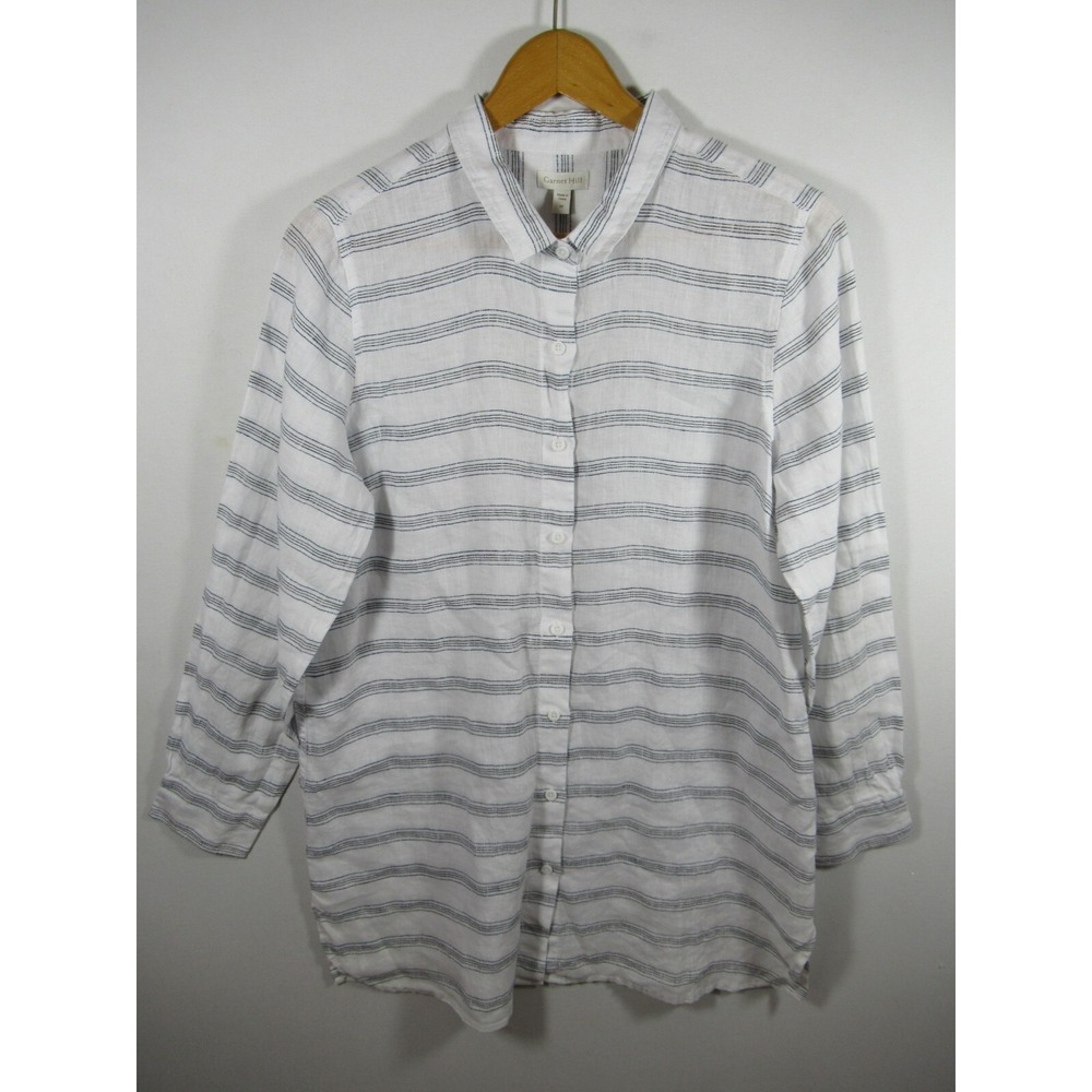 Garnet Hill Linen Tunic Women Medium White/Blue Stripe Long Sleeve Lagenlook